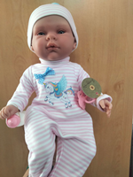 MUÑECO BEBE 45CM PIJAMA A RAYAS AZUL/ROSA Y CON BIBERON Y CHUPETE